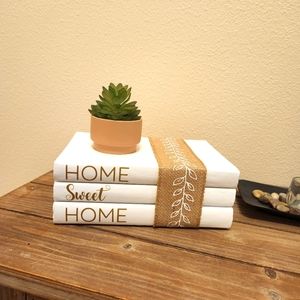 Home Sweet Home White Decorative Book stack shelf home decor burlap ribbon books
